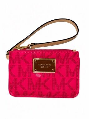 Michael Kors Bright Pink MK Logo Patent Wristlet with Tan Strap